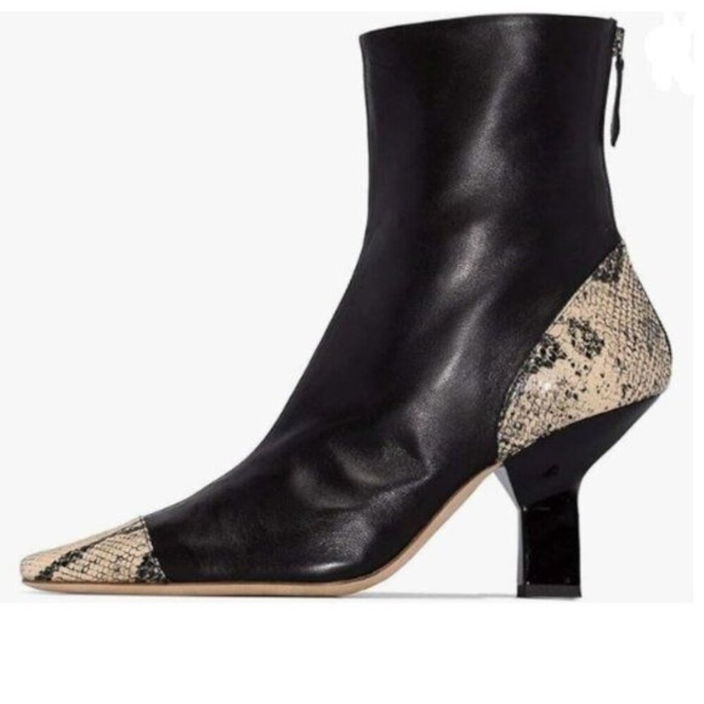 XYD Black Cap Toe Chunky Heel Snakeskin Patchwork Back Zipper Ankle Boot